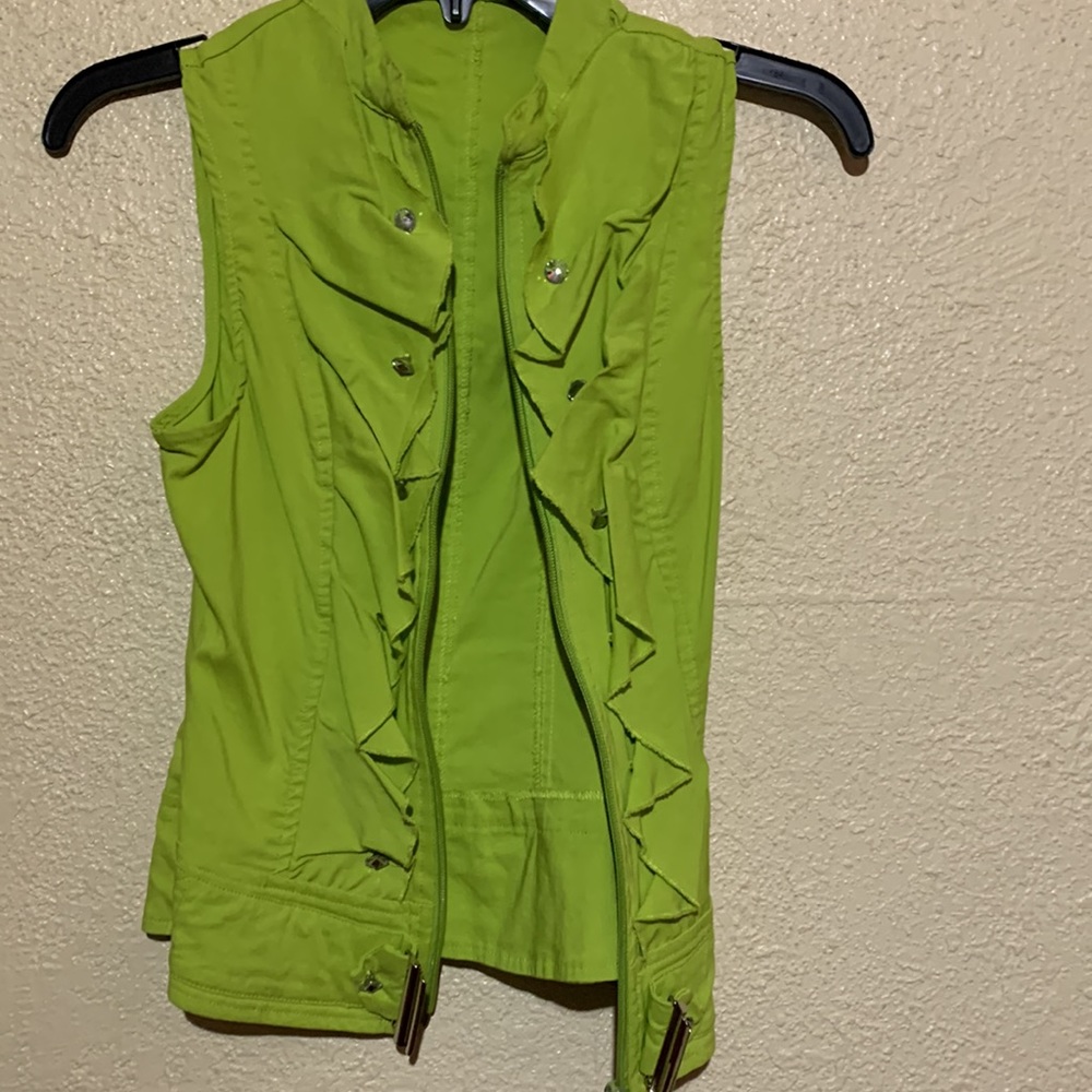 oh Yes Vest Green Rhinestone Buttons Zip Up Ruffle Front M - Picture 7 of 14